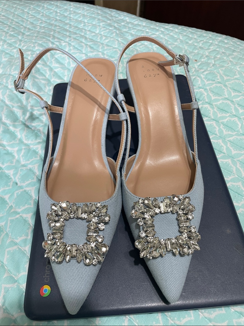 bejeweled kitten, hail pointed toe denim pumps